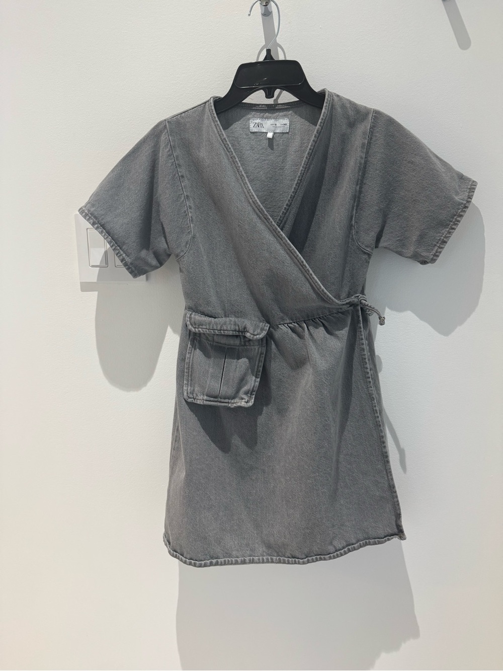Zara Kids Grey Cotton Denim Wrap Dress with Side Pocket size 10